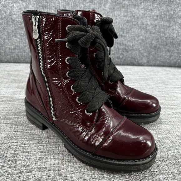 Bos&Co Paulie Boots Womens Sz‎ 39 Patent Leather Round Toe Lace Up Combat Bordo - Picture 1 of 16